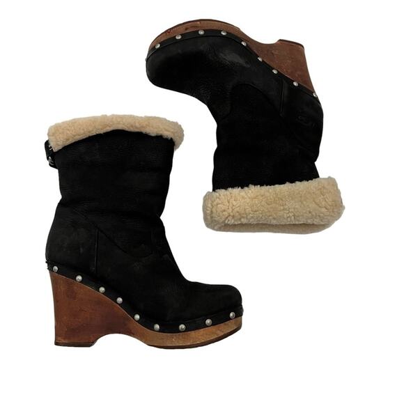 UGG Australia Carnegie Studded Wood Stacked Sheepskin Sherpa Black Booties Sz 7 - Picture 2 of 12